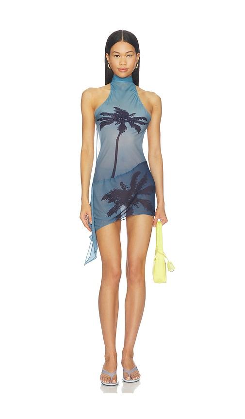 1xblue palm twist back mini dress in blue. - size l (also in s, m, xl)