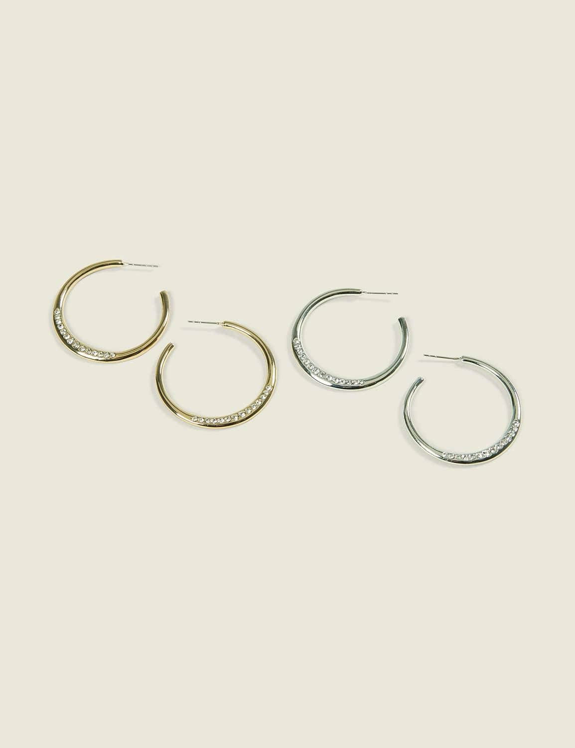 2-pack mixed metal pave open hoop earring