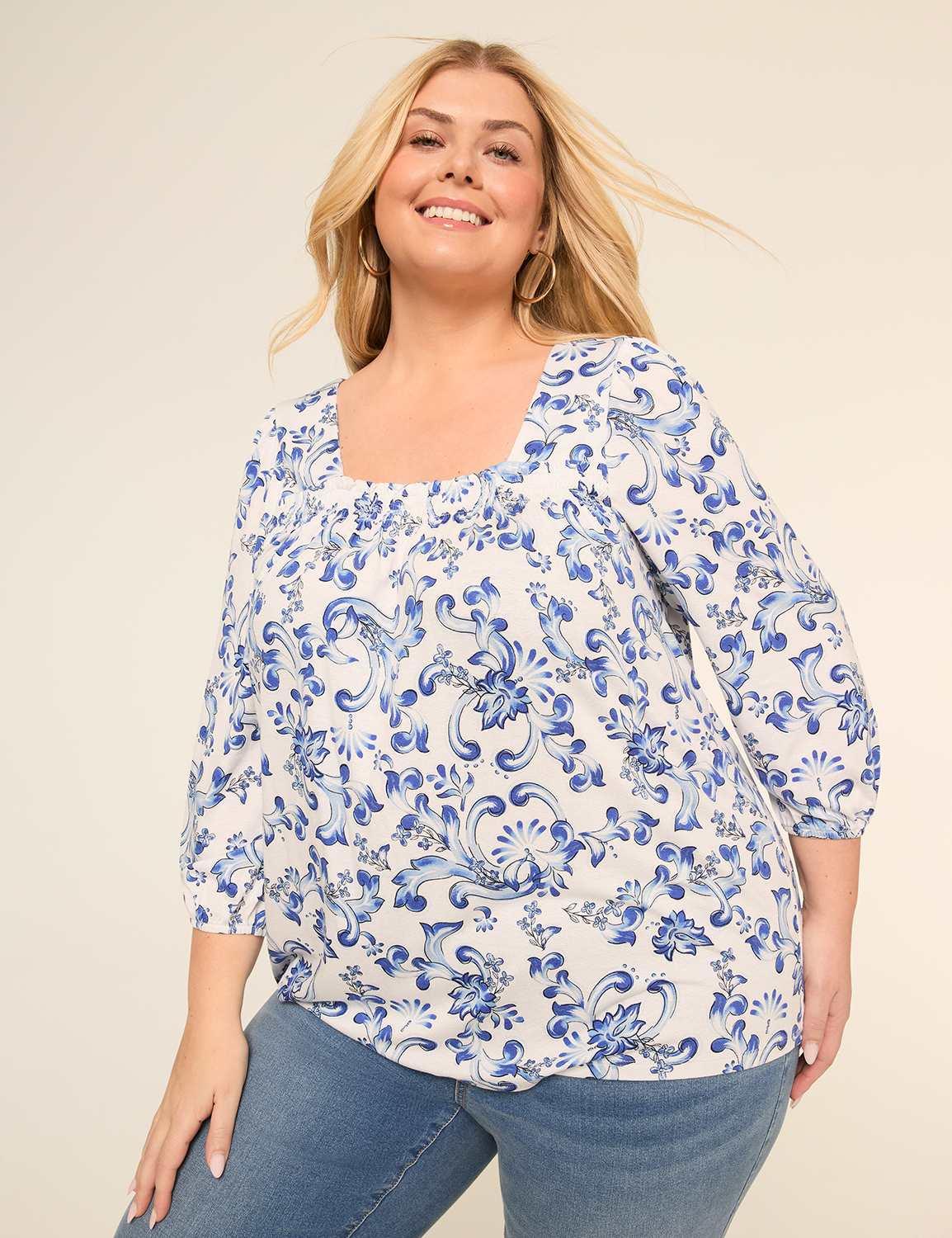 3/4 blouson-sleeve smocked square-neck blouse