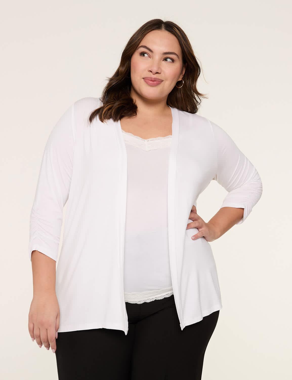 3/4 ruched-sleeve open-front overpiece