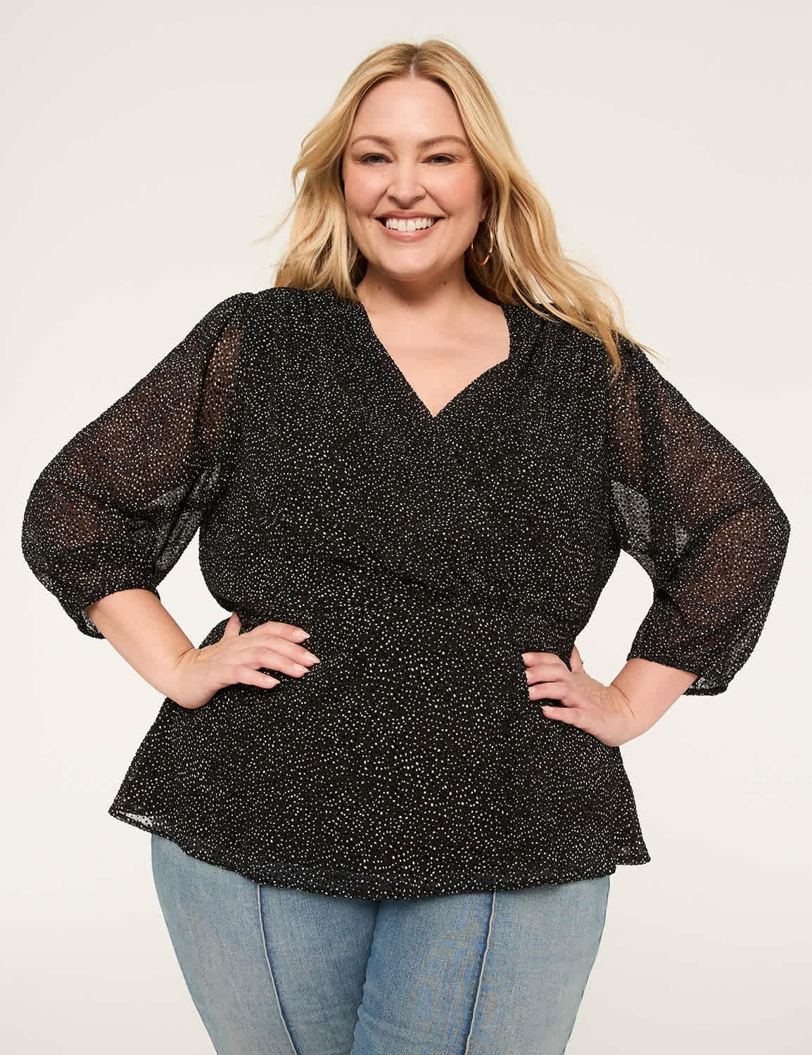 3/4-sleeve faux-wrap blouse