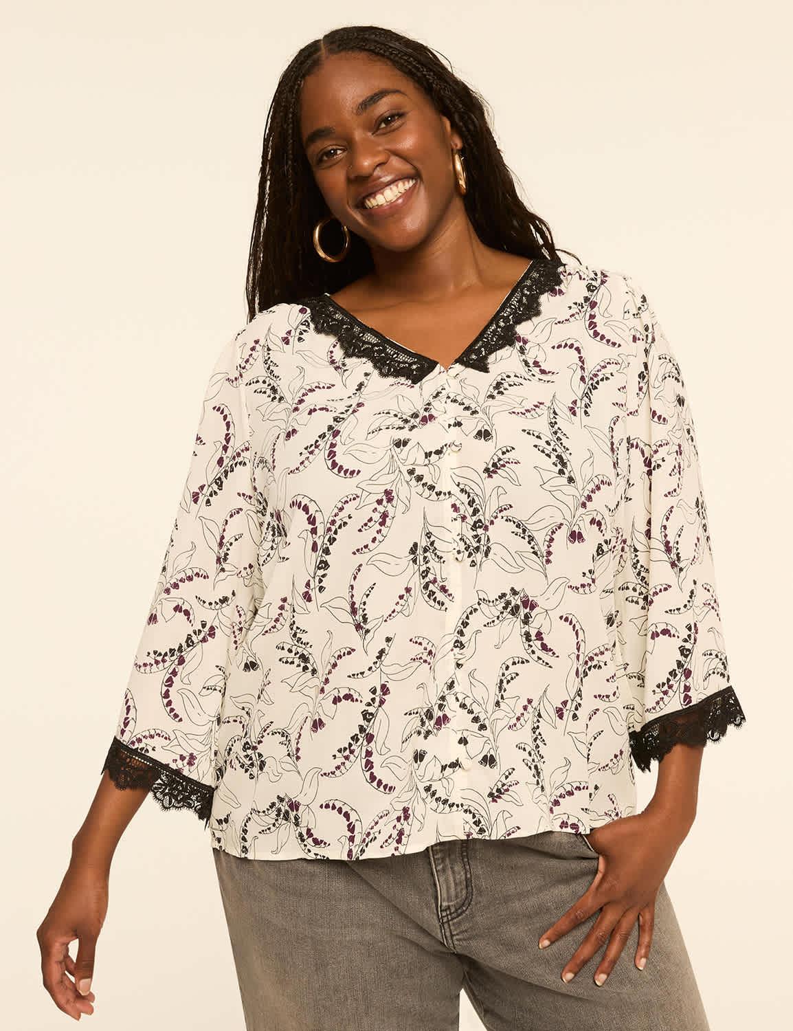 3/4-sleeve lace-trim blouse