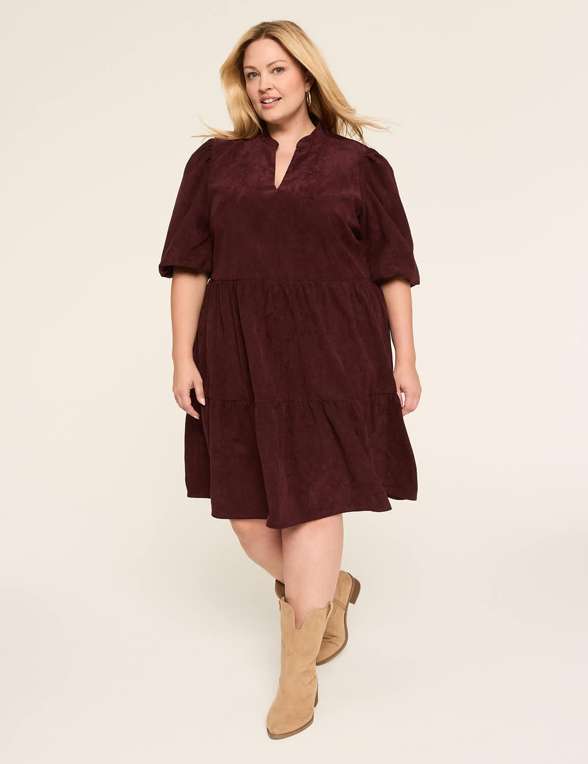 3/4-sleeve notch-neck corduroy dress
