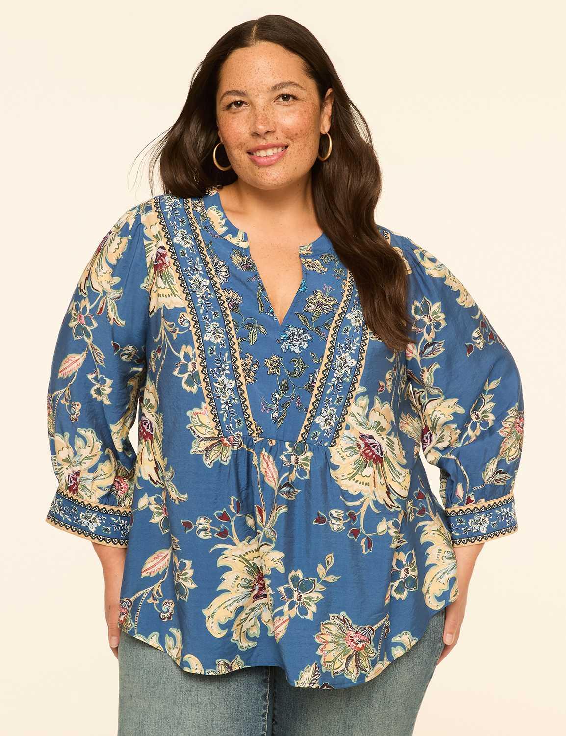 3/4-sleeve notch-neck popover blouse