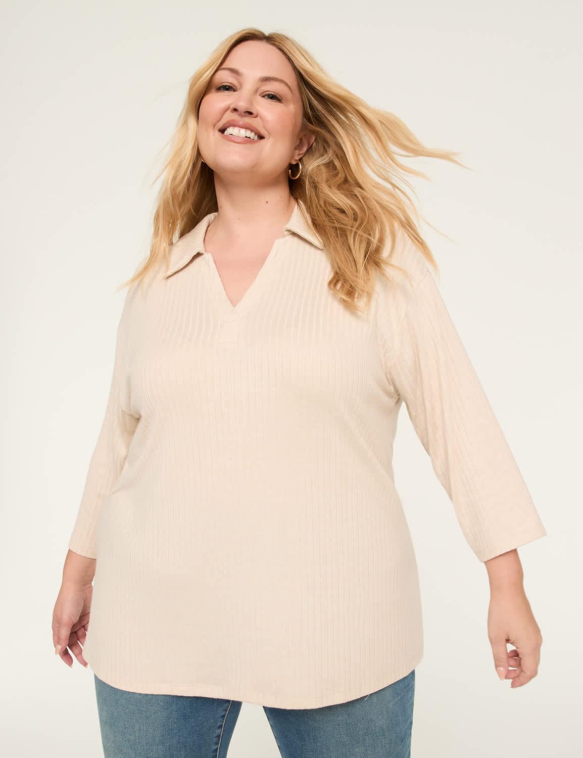 3/4-sleeve ribbed knit polo top