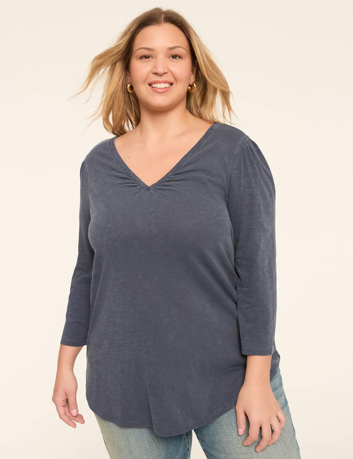 3/4-sleeve ruched v-neck top