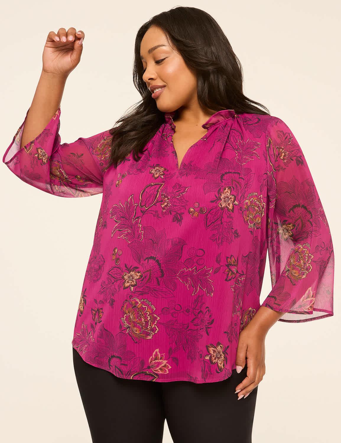 3/4-sleeve ruffle split-neck popover blouse