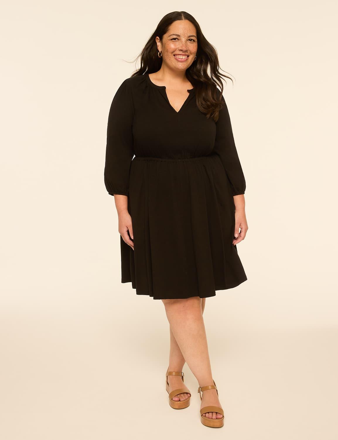 3/4-sleeve split-neck dress