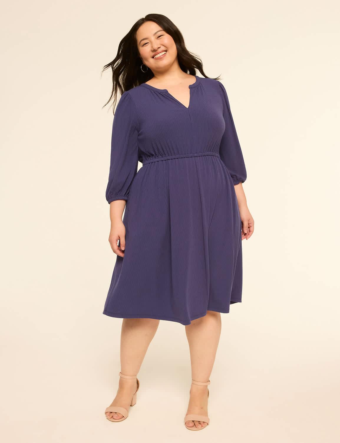 3/4-sleeve split-neck dress