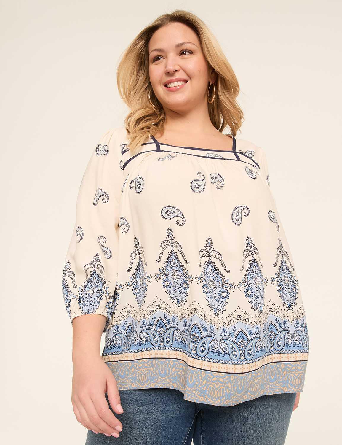 3/4-sleeve square-neck popover blouse