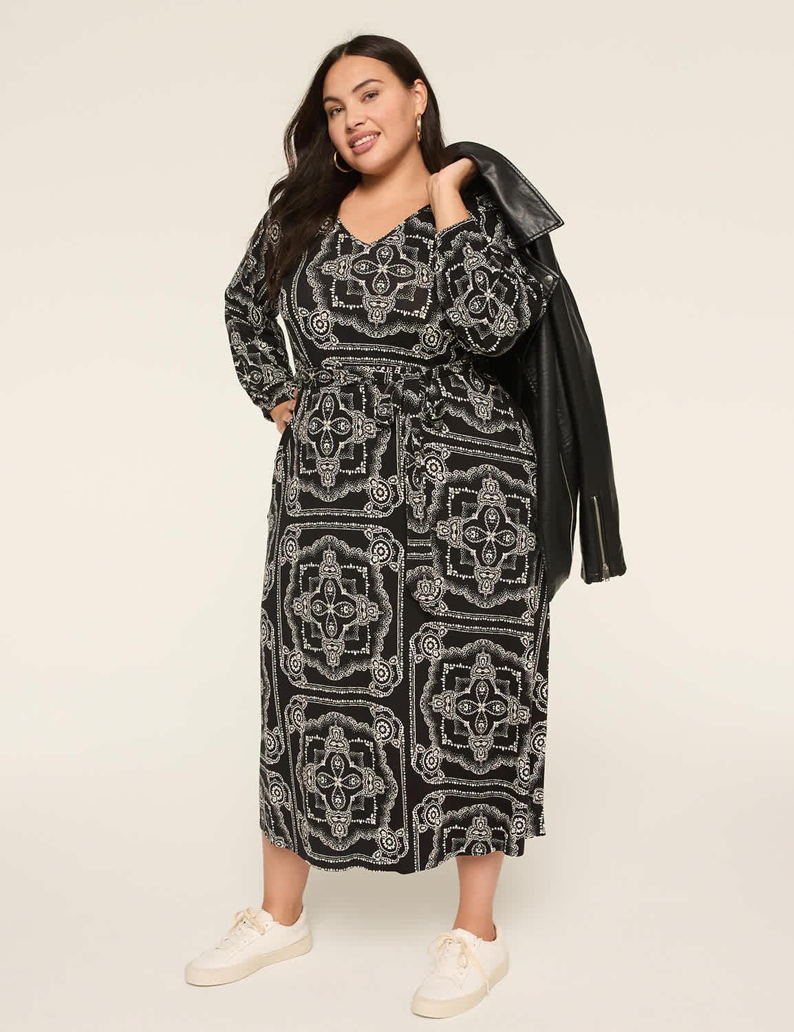 3/4-sleeve tie-waist midi dress