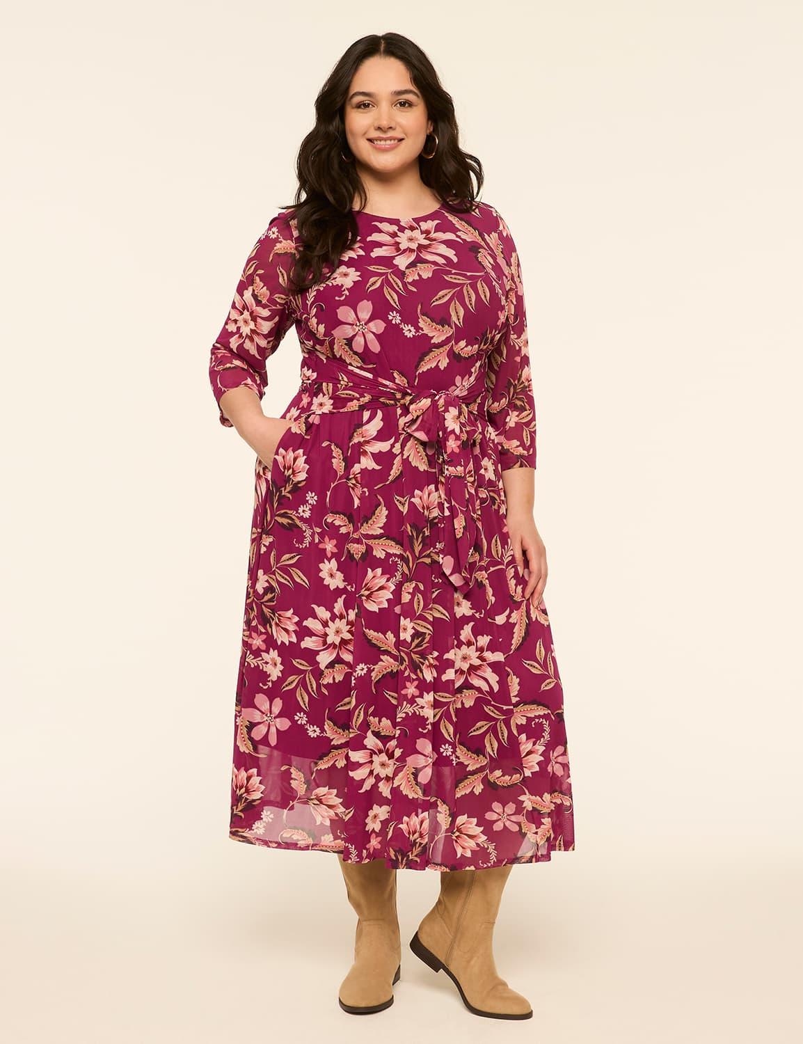 3/4-sleeve tie-waist midi dress