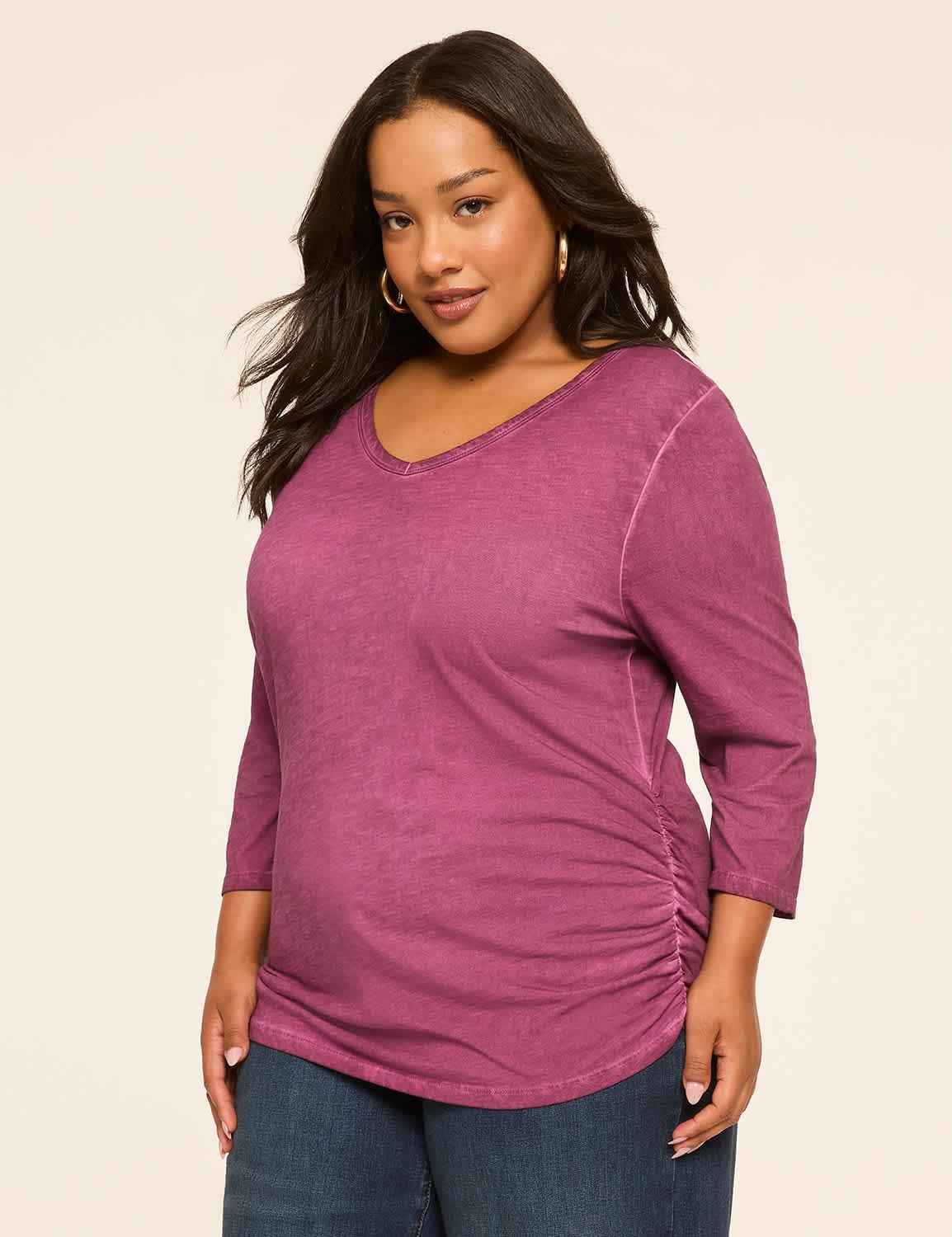3/4-sleeve v-neck side-ruched tee