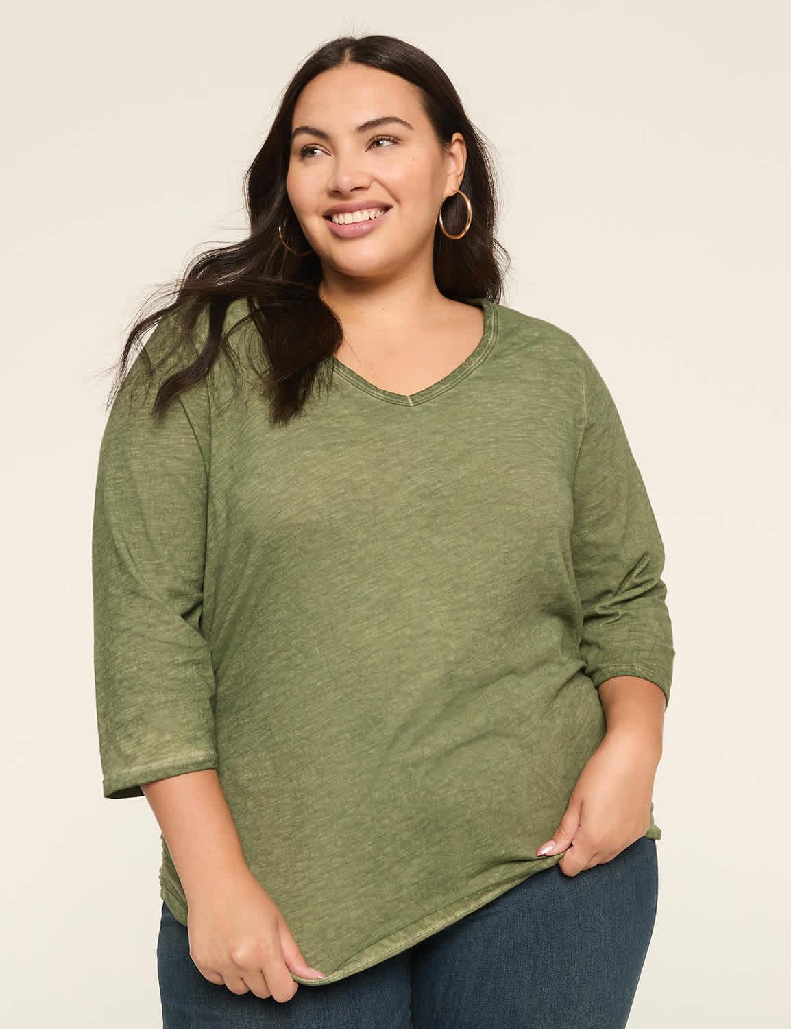 3/4-sleeve v-neck side-ruched top