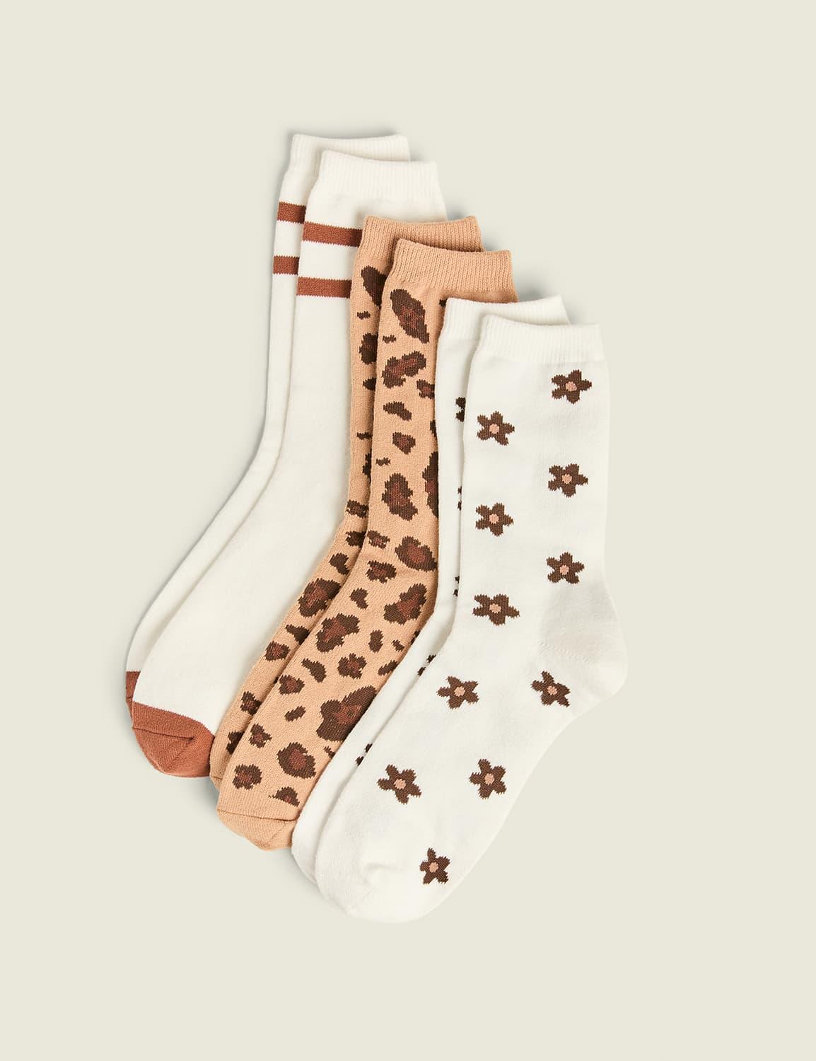 3-pack boot socks - neutral animal & floral