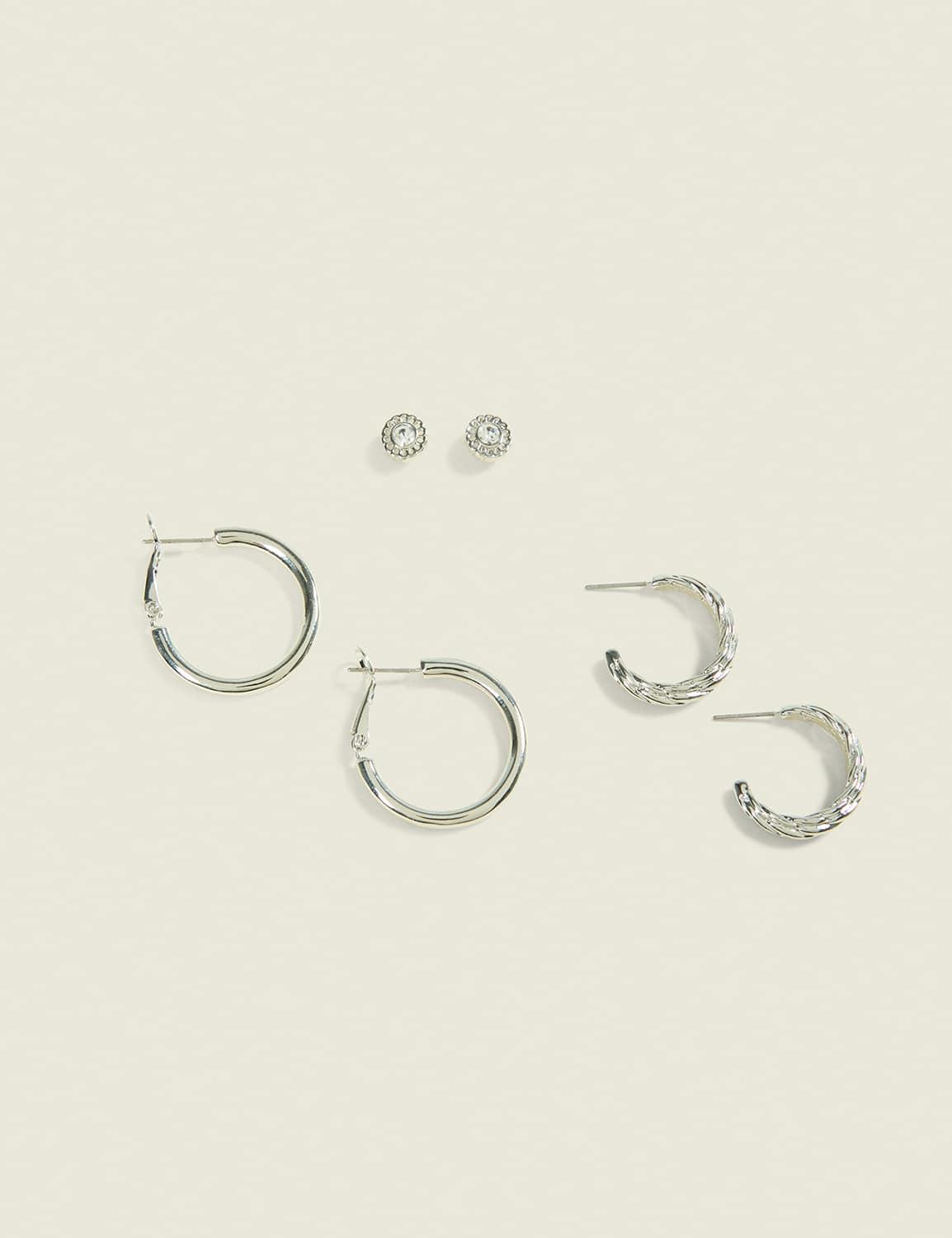 3-pack silver textured hoop & cz stud earring
