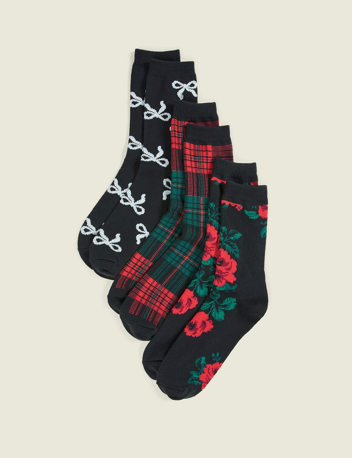 3-pack super-soft boot socks - plaid & rose