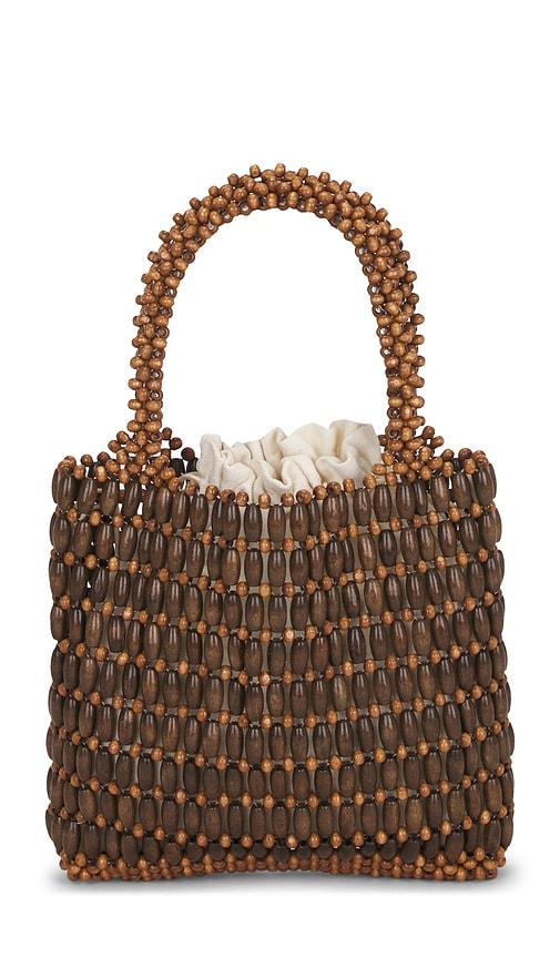 8 other reasons beaded top handle tote bag in brown.