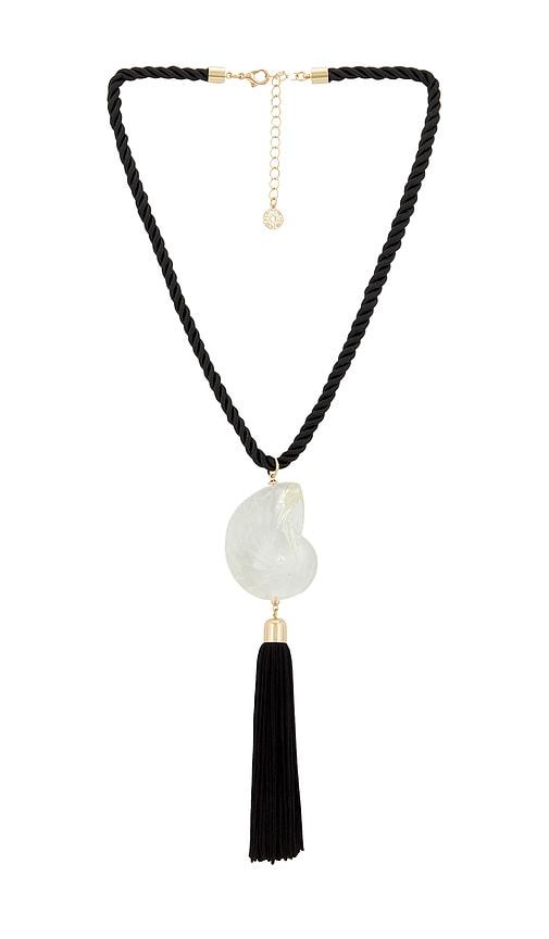 8 other reasons bold shell pendant and long tassel accent statement necklace in black.