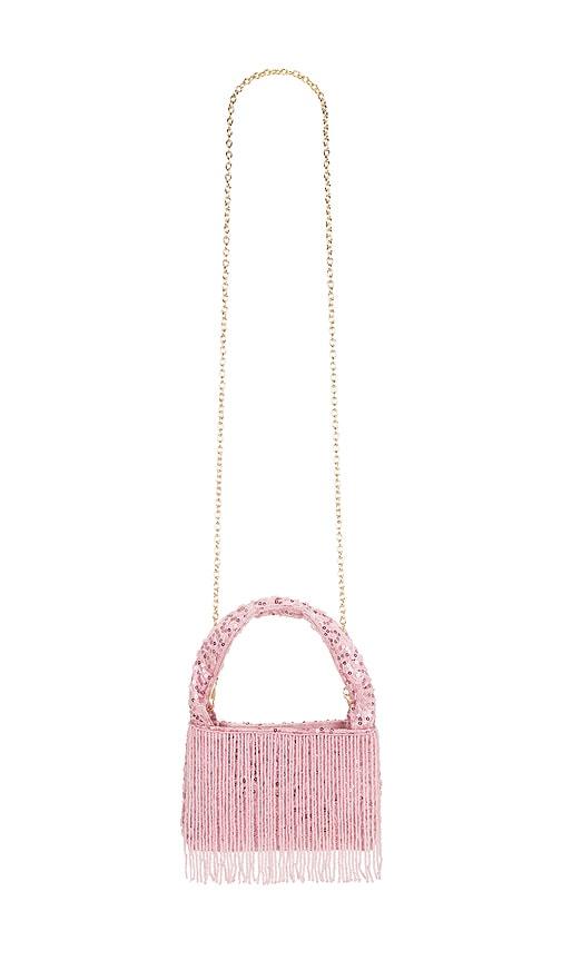 8 other reasons compact sequin bag with cascading frin in pink.