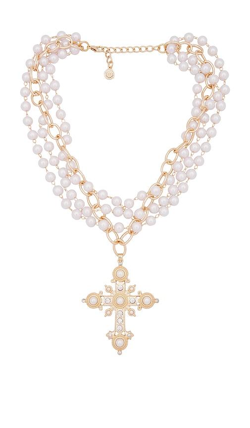 8 other reasons cross pearl necklace in metallic gold.