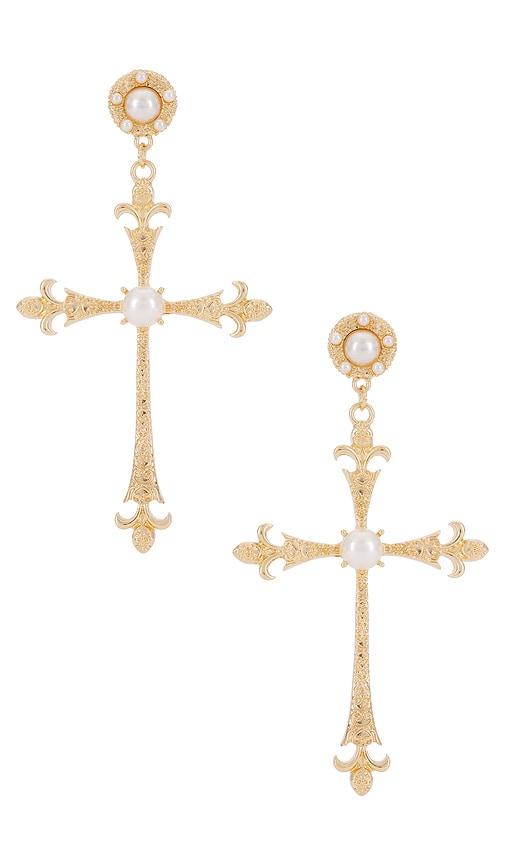 8 other reasons grace drop cross earrings in metallic gold.