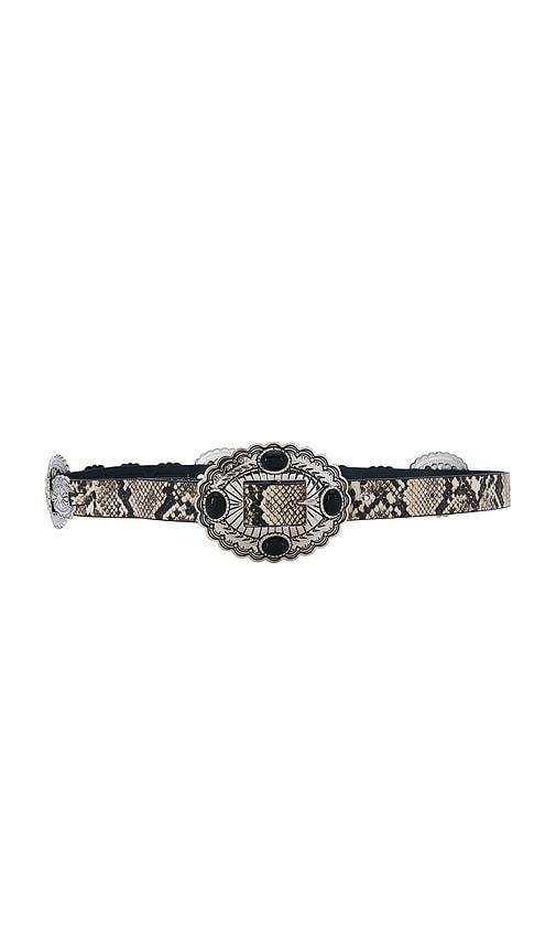 8 other reasons snakeskin belt with ornate silver conchos and black stone buckle in beige.