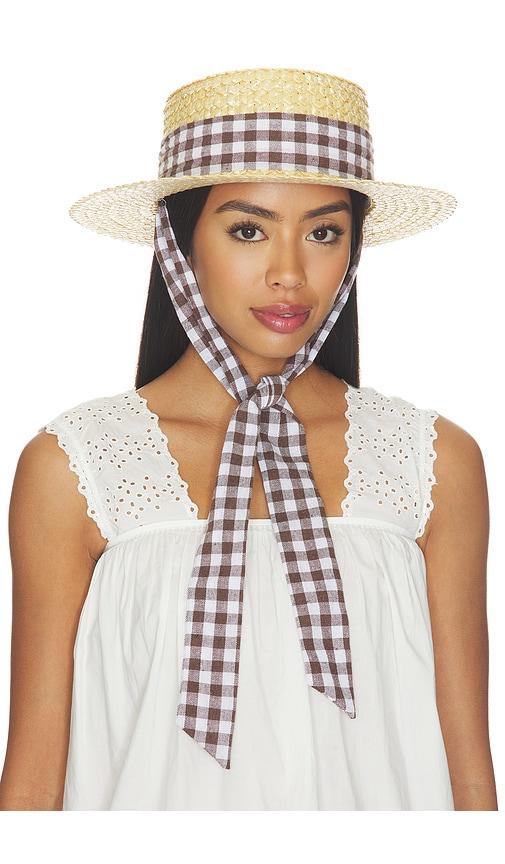 8 other reasons straw boater hat with gingham ribbon band in neutral.