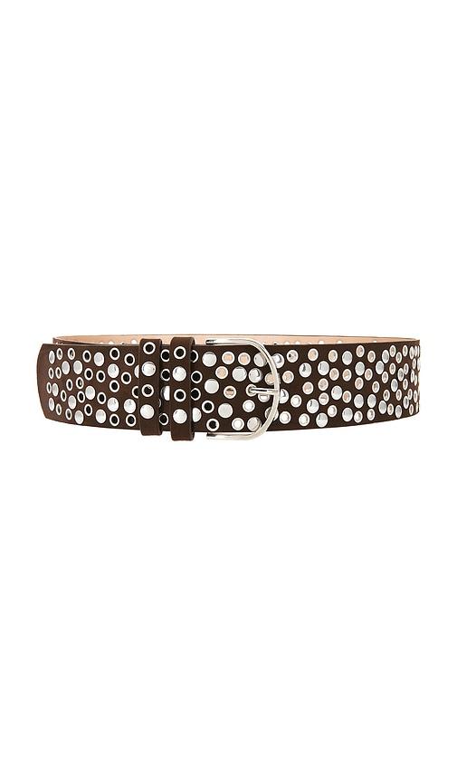 8 other reasons studded brown suede belt with mixed metal grommets in brown.