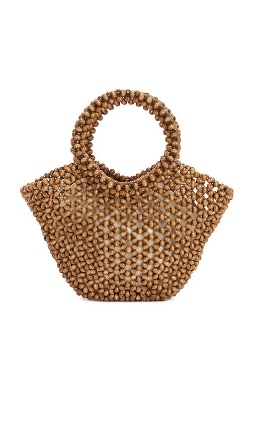 8 other reasons wood bead tote rounded top handle bag in tan.