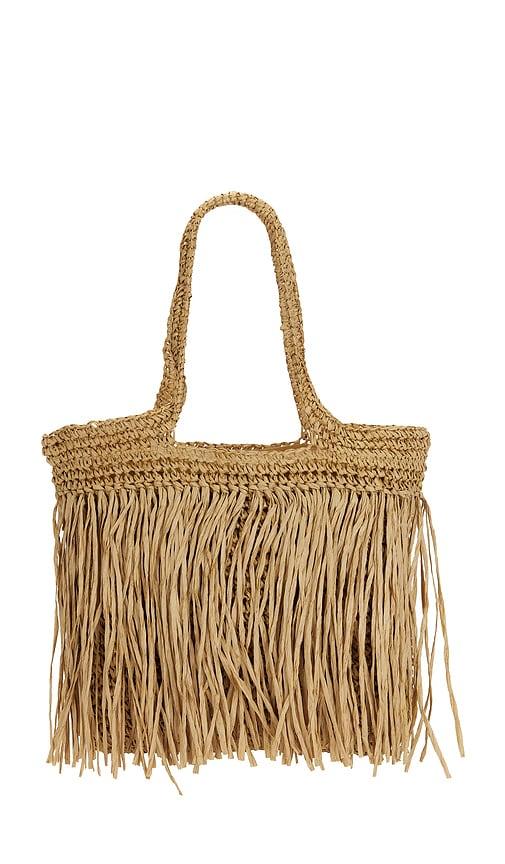 8 other reasons woven straw fringe tote bag in tan.