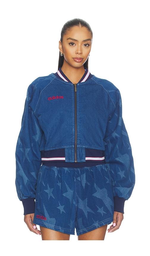 adidas originals superstar denim graphic varsity bomber jacket in blue. - size l (also in xs, s, m)