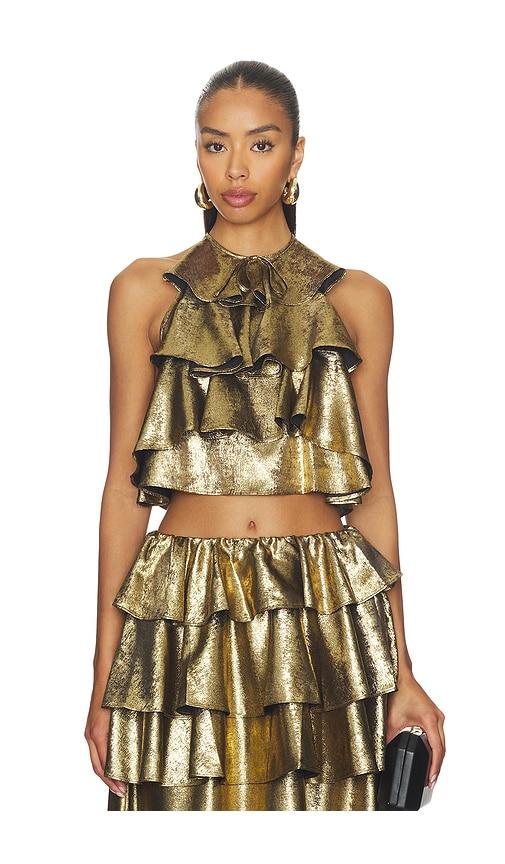 aknvas bodil ruffle top in metallic gold. - size l (also in xs, s)