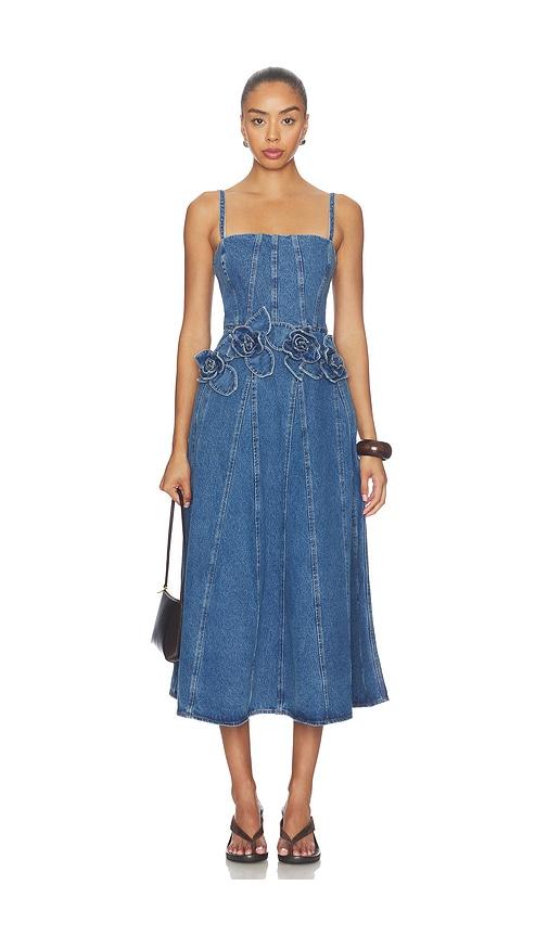 aknvas eryn midi denim dress with 3d rose detail in blue. - size 10 (also in 2)