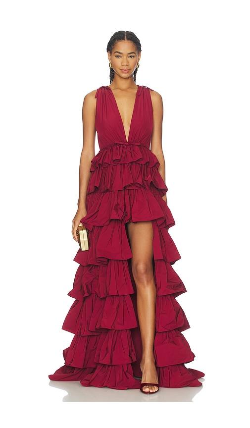 aknvas henriette ruffle gown in burgundy. - size 10 (also in 4)