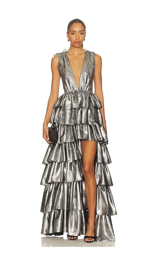 aknvas henriette ruffle gown in metallic silver. - size 2 (also in 6)