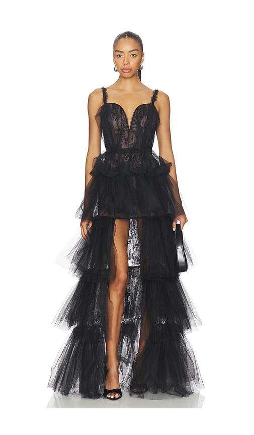 aknvas x revolve alfhild bustier tiered gown in black. - size 12 (also in 2)