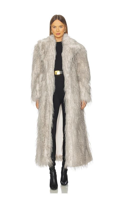 aknvas x revolve duke faux fur coat in grey.