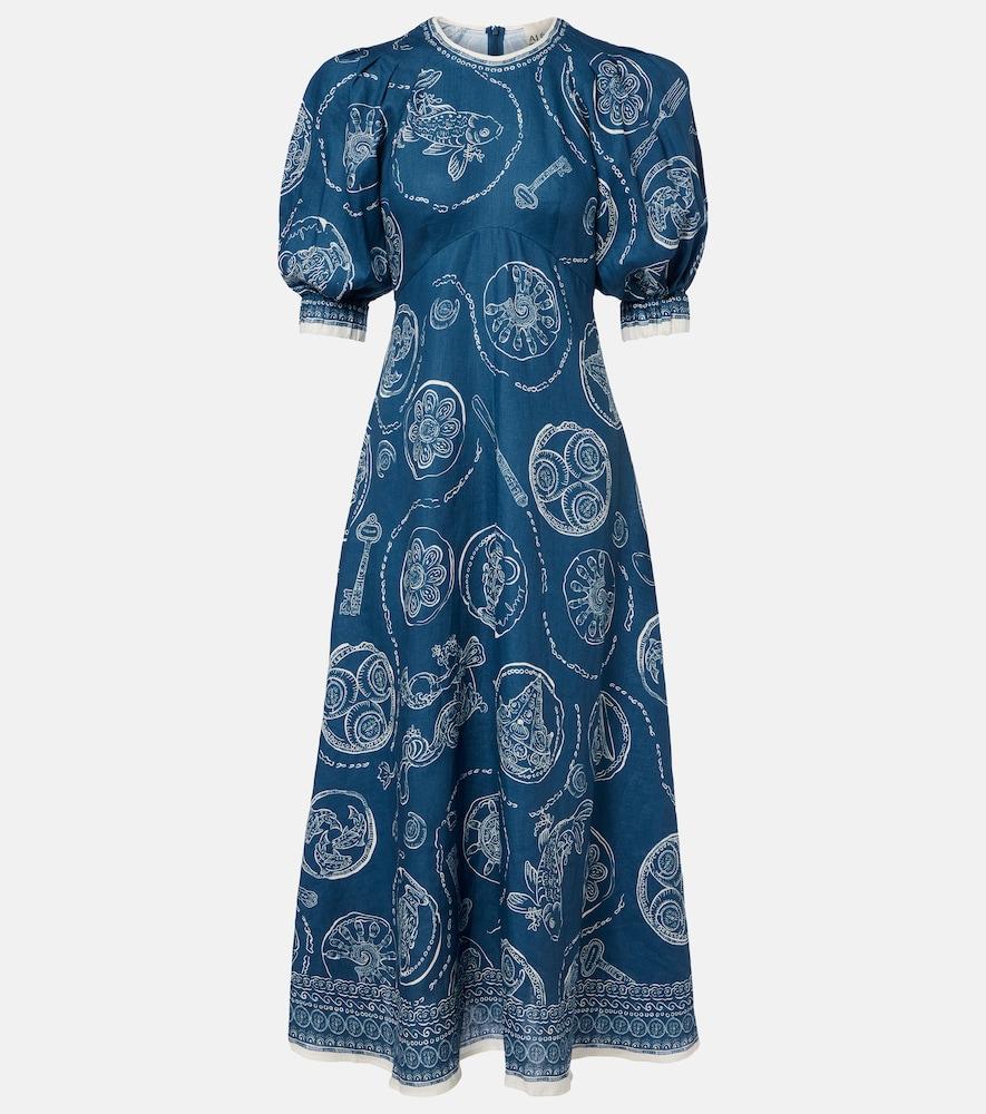 alémais lucky printed linen midi dress
