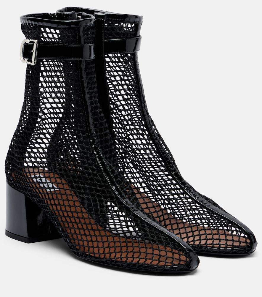alaïa fishnet patent leather-trimmed ankle boots