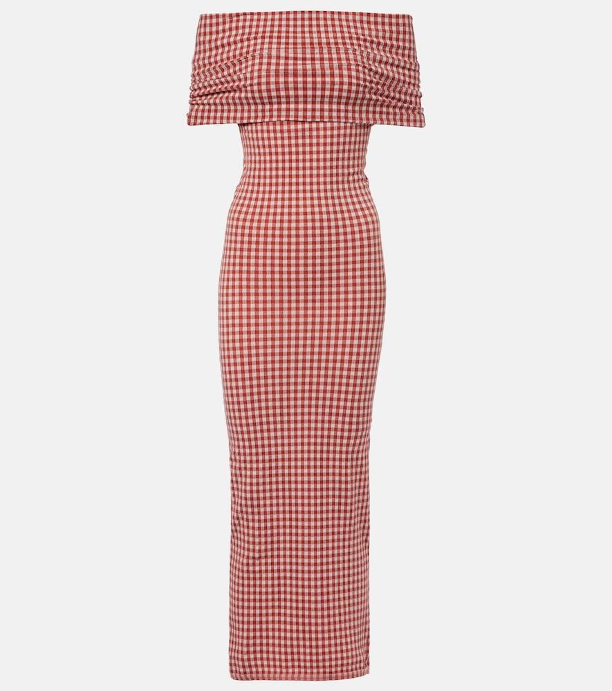 alaïa gingham off-shoulder maxi dress