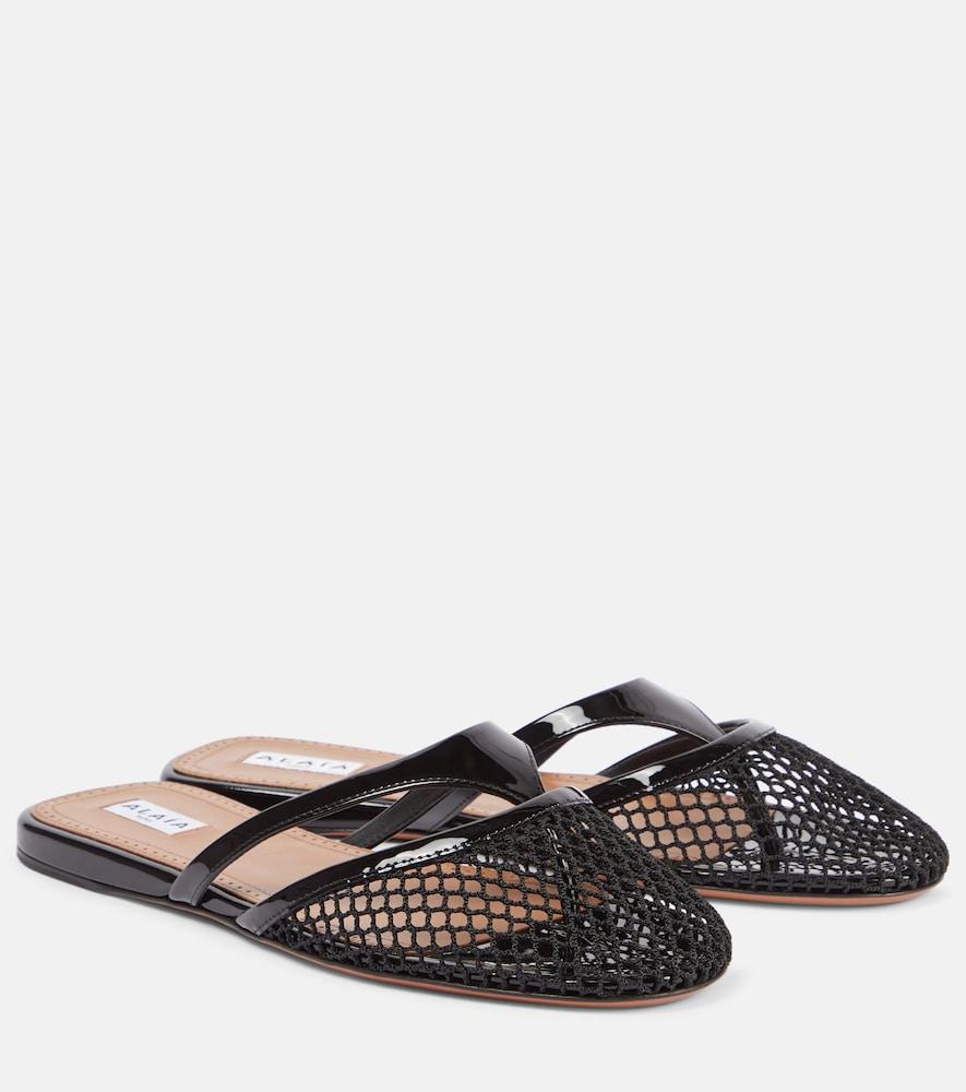 alaïa infradito fishnet leather-trimmed mules
