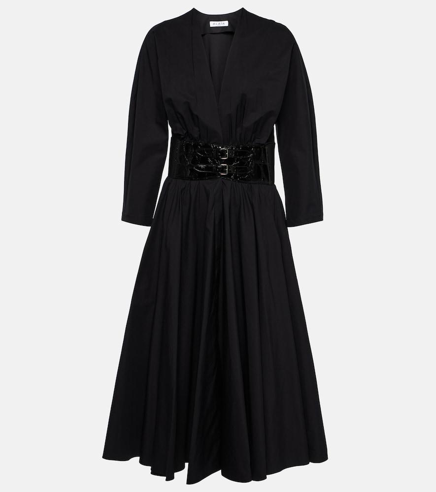 alaïa leather-trimmed cotton midi dress
