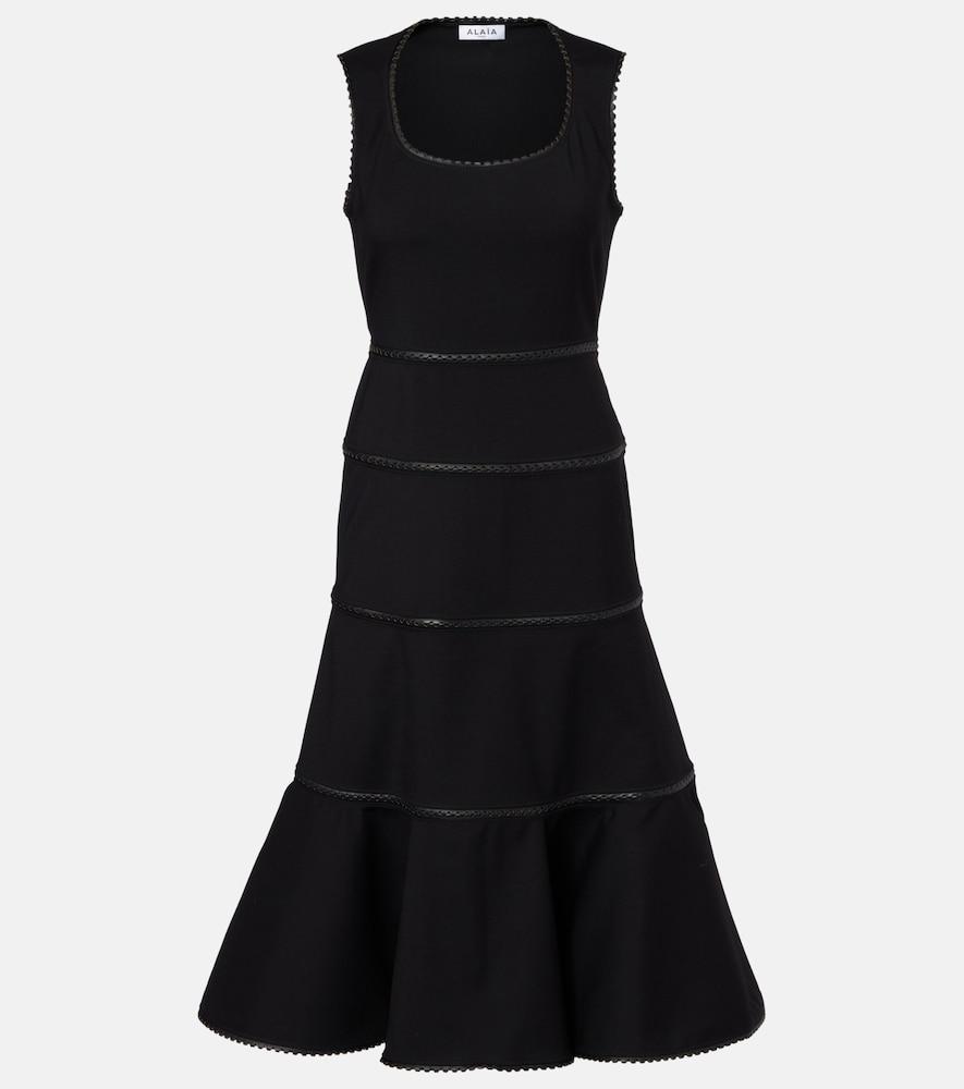 alaïa leather-trimmed wool midi dress