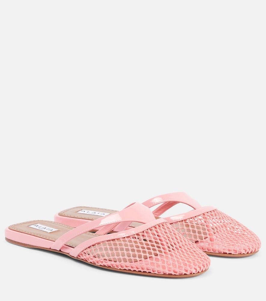 alaïa patent leather-trimmed fishnet mules