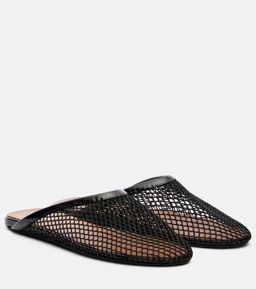 alaïa patent leather-trimmed fishnet mules