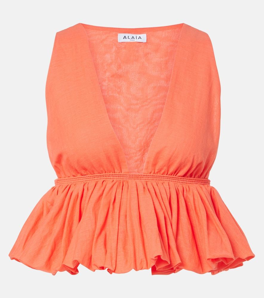alaïa peplum striped cotton and linen top