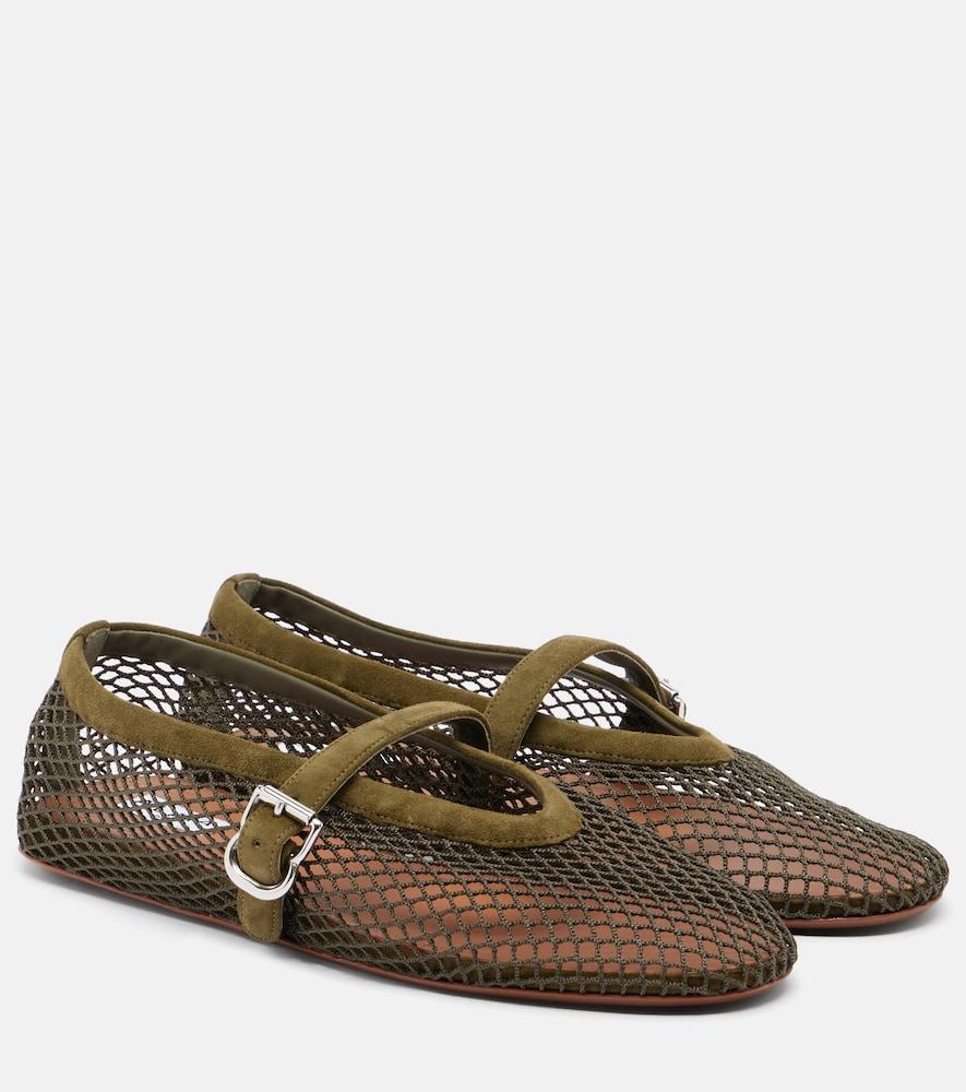 alaïa suede-trimmed fishnet ballet flats