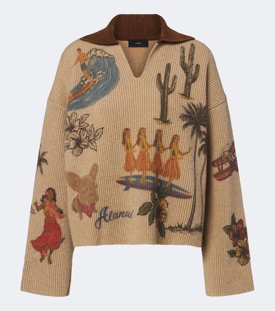 alanui decade printed wool and cotton-blend polo sweater