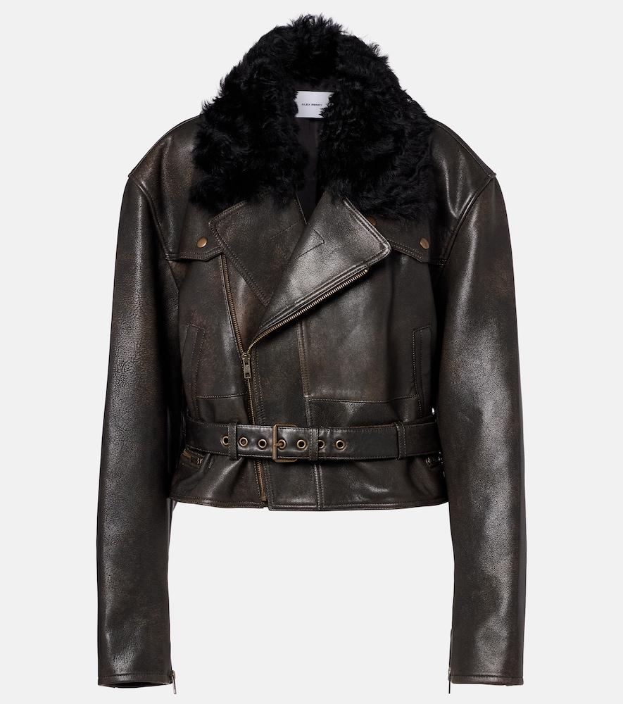 alex perry shearling-trimmed cropped leather biker jacket
